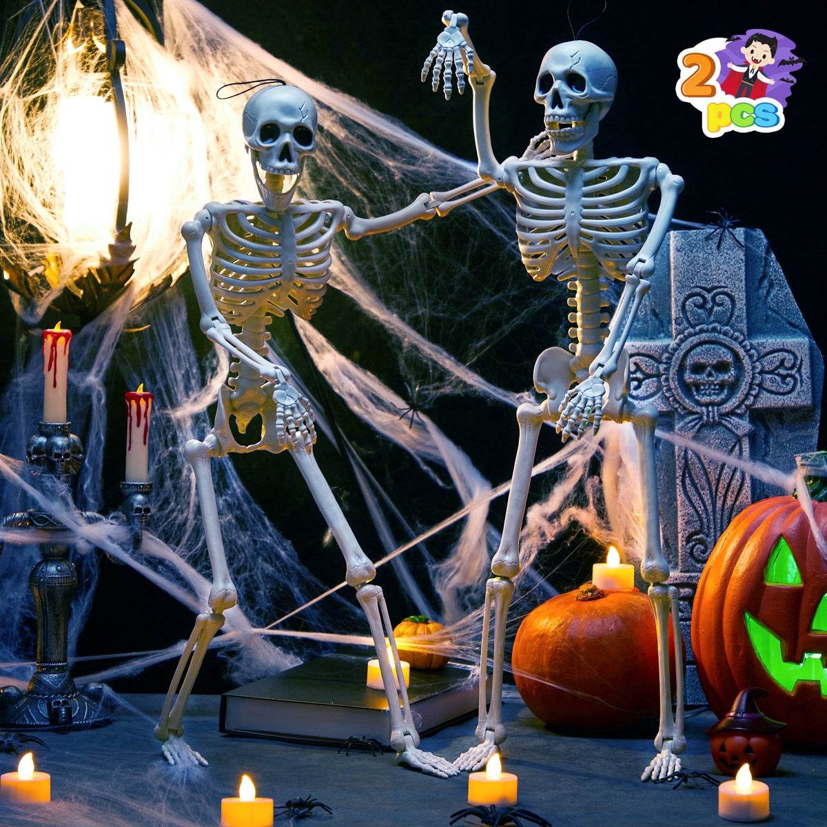 Joyfy 2 Pcs 24 Inch Halloween Skeleton Decor,2 FT Posable Skeleton Halloween Prop for Haunted House Indoor Outdoor Decoration Spooky Decor,Full Body with Movable Joints for Halloween Decoration