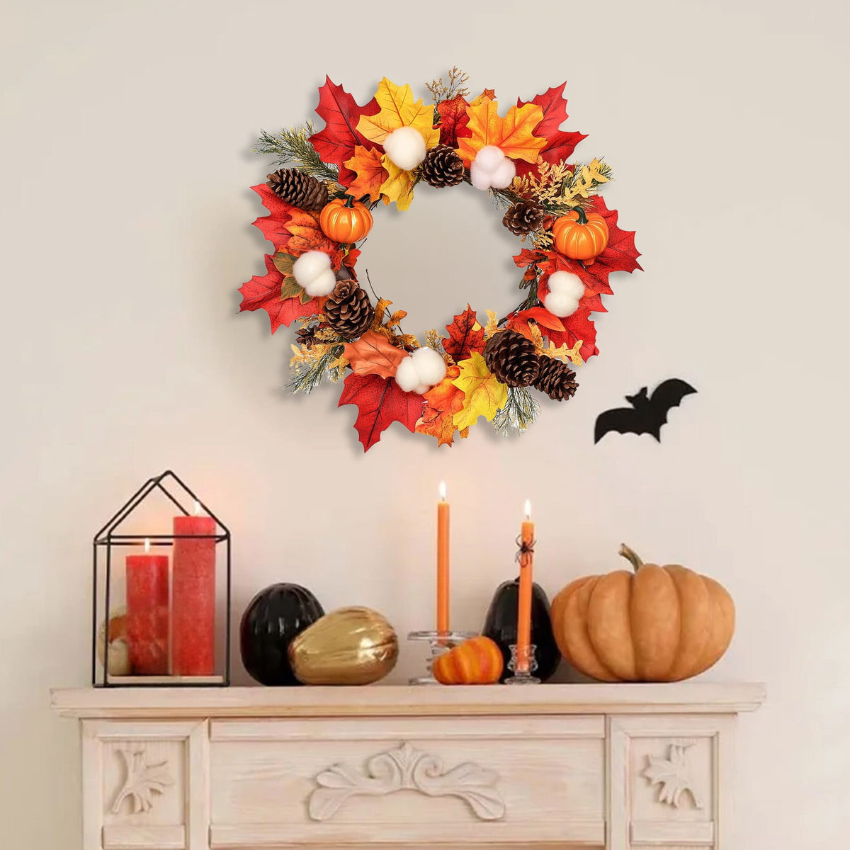 Halloween Wreath Pumpkin Ring with Berries, Maple Leaves & Pine Cones - Thanksgiving Indoor/Outdoor Wall & Door Hanging Decoration, 28cm