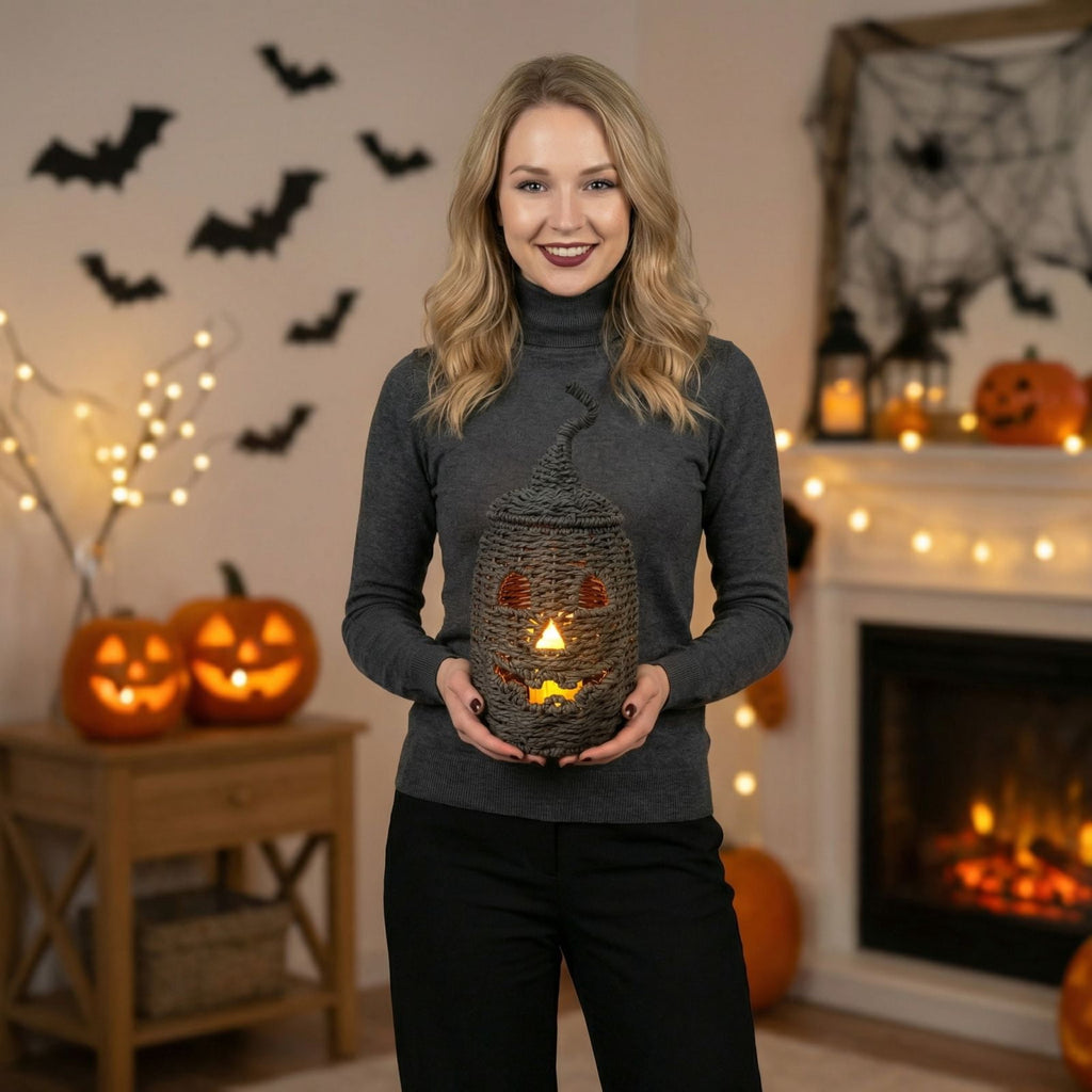 THOPBPRK 2026 Black Halloween Woven Pumpkin Jack-O'-Lantern, Halloween Decorations Pumpkin, USE LED Candle, Rattan Fall Halloween Decor for Home, 1Pack 11.8 Inch A