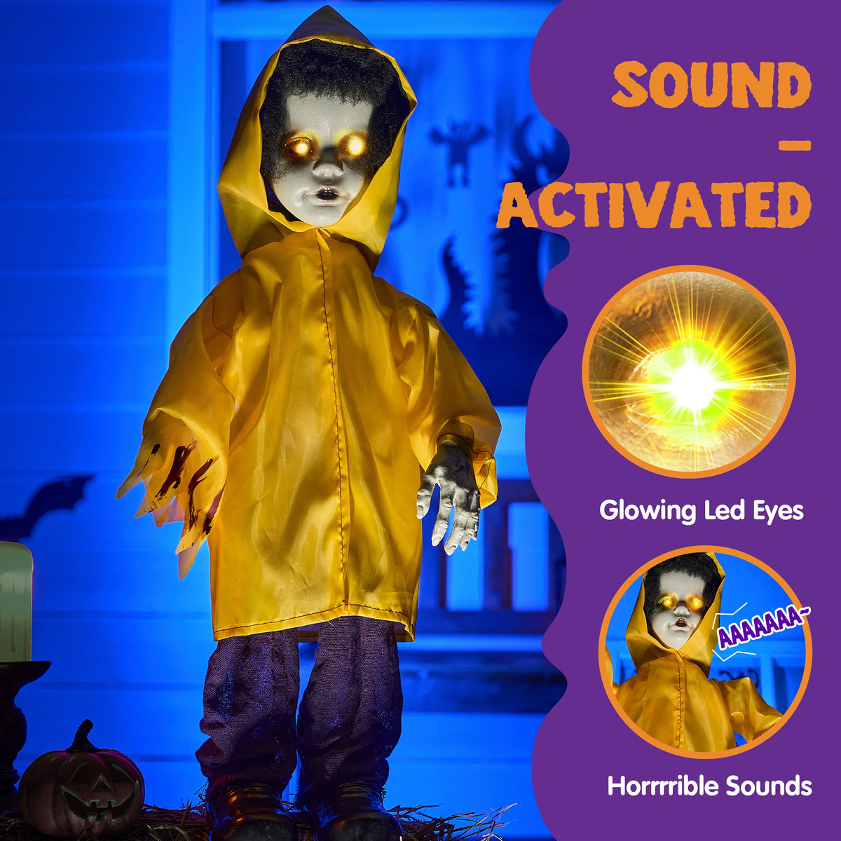 Joyfy Halloween Decorations Outdoor, 72"(6ft) Light Up Animated Scary Decorations Pumpkin Ghost with Sound Activation,Animatronics Pumpkin Decorations for Haunted House Prop Yard Decor