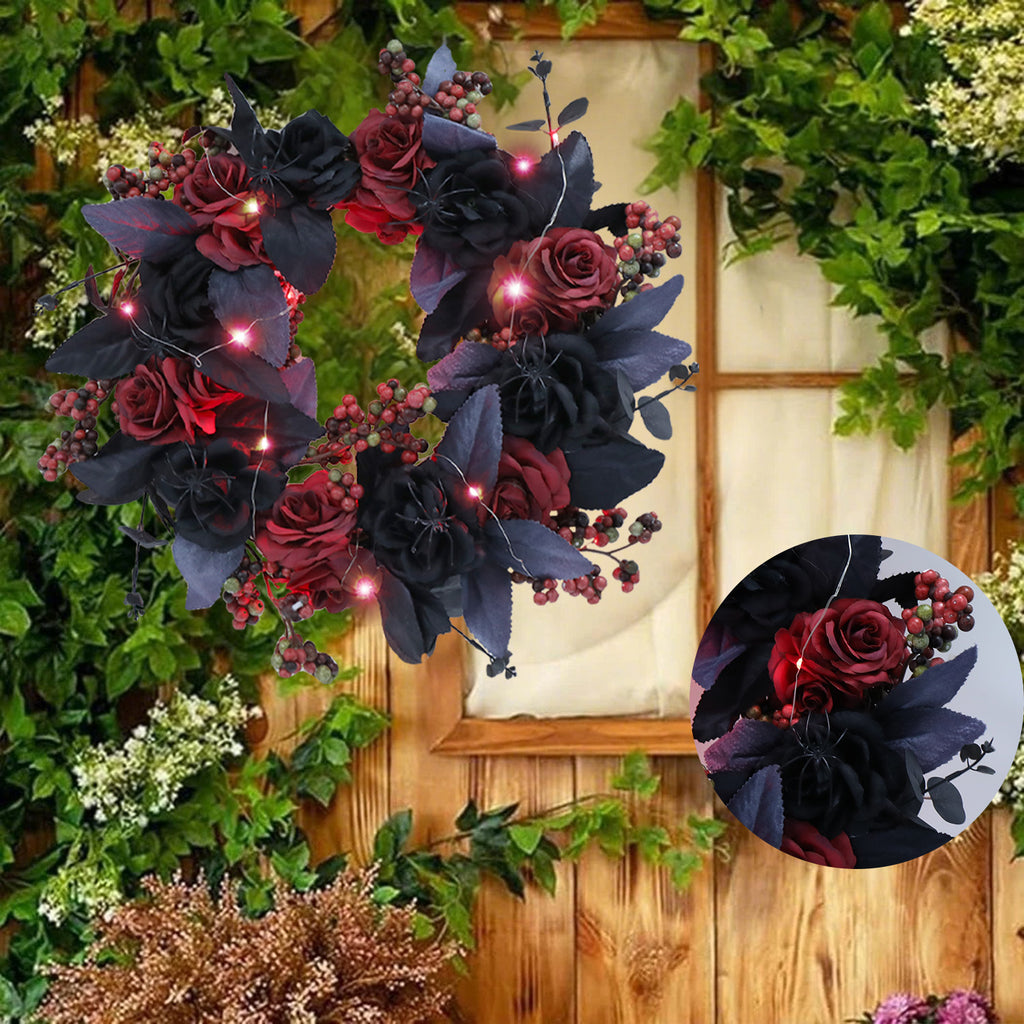 Halloween Decorative Wreath With Lights for Front Door,Black Red Rose Wreaths,15" Berries Wreaths Decor with Black Leaves Garland Ornament for Wall,Porch,Window,Indoor Outdoor Halloween Accessories