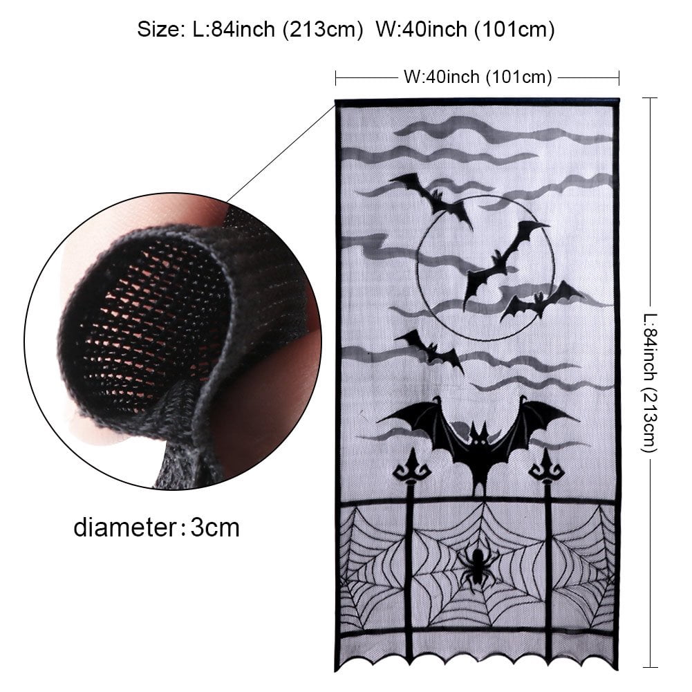 Coolmade 2pcs Black Halloween Lace Window Curtain, Spider Web Bats Door Curtain Panel Decor for Spooky Halloween Holiday Party Decoration, 40 x 84 Inch