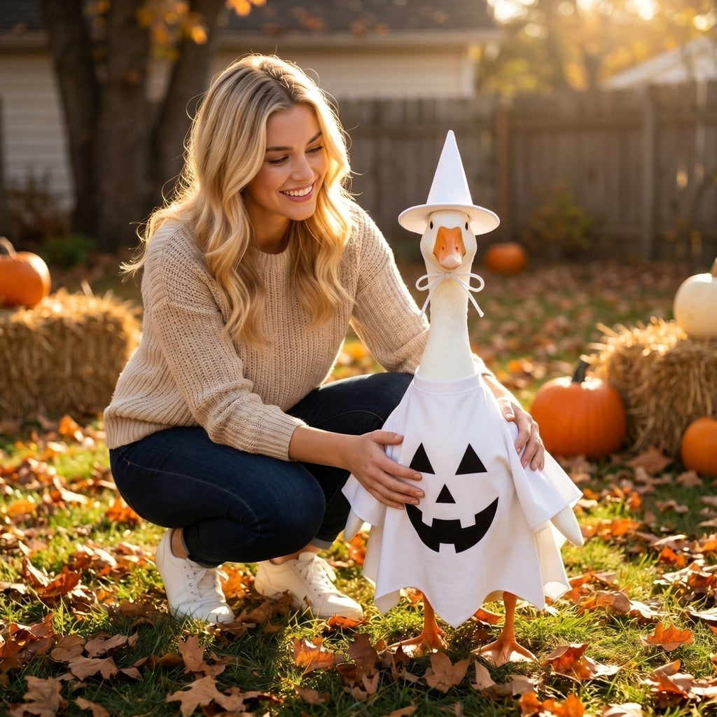 Halloween Ghost Porch Goose Outfit Fits 23 Inch Cement Lawn Goose Statue Pumpkin Face Ghost Costume with Matching Witch Hat for Fall Outdoor Garden Yard Patio Holiday Decor