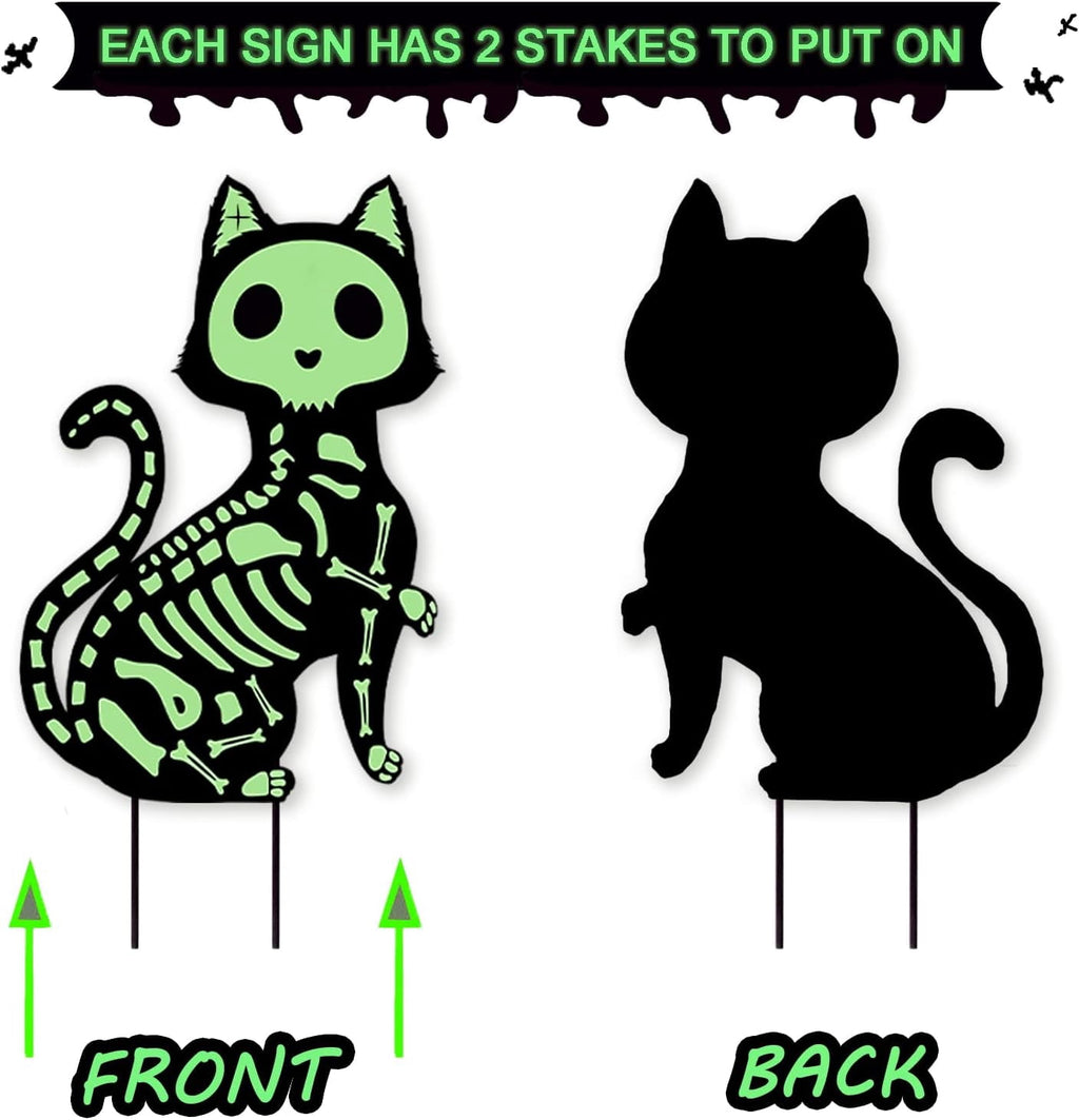 GuassLee 5pcs Glow in the Dark Skeleton Black Cat Silhouette Lawn Signs with Stakes for Halloween Lawn Garden Front Yard Decorations Outside