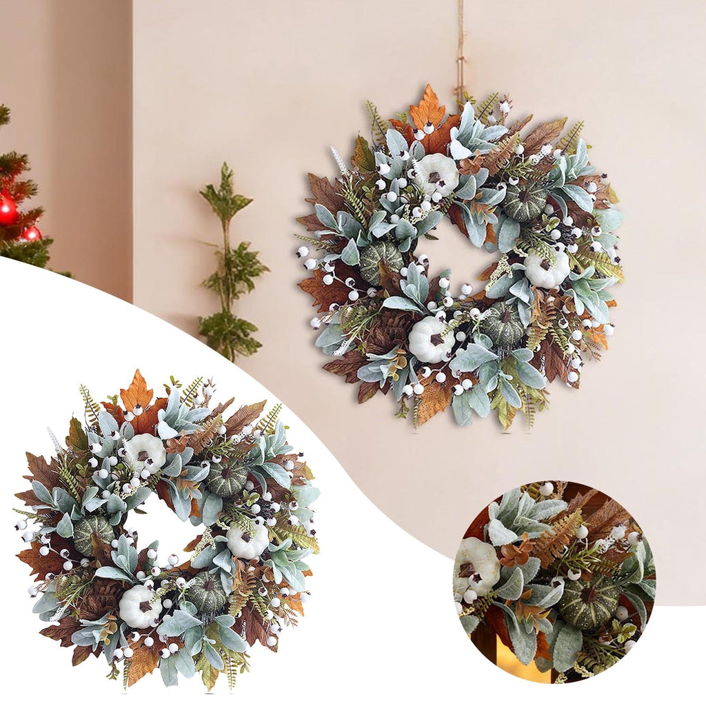 20 Inch Fall Wreath for Front Door with Pumpkin Maple Leaves and Berries Farmhouse Autumn Wreath for Outdoor Indoor Harvest Thanksgiving Halloween Home Decor