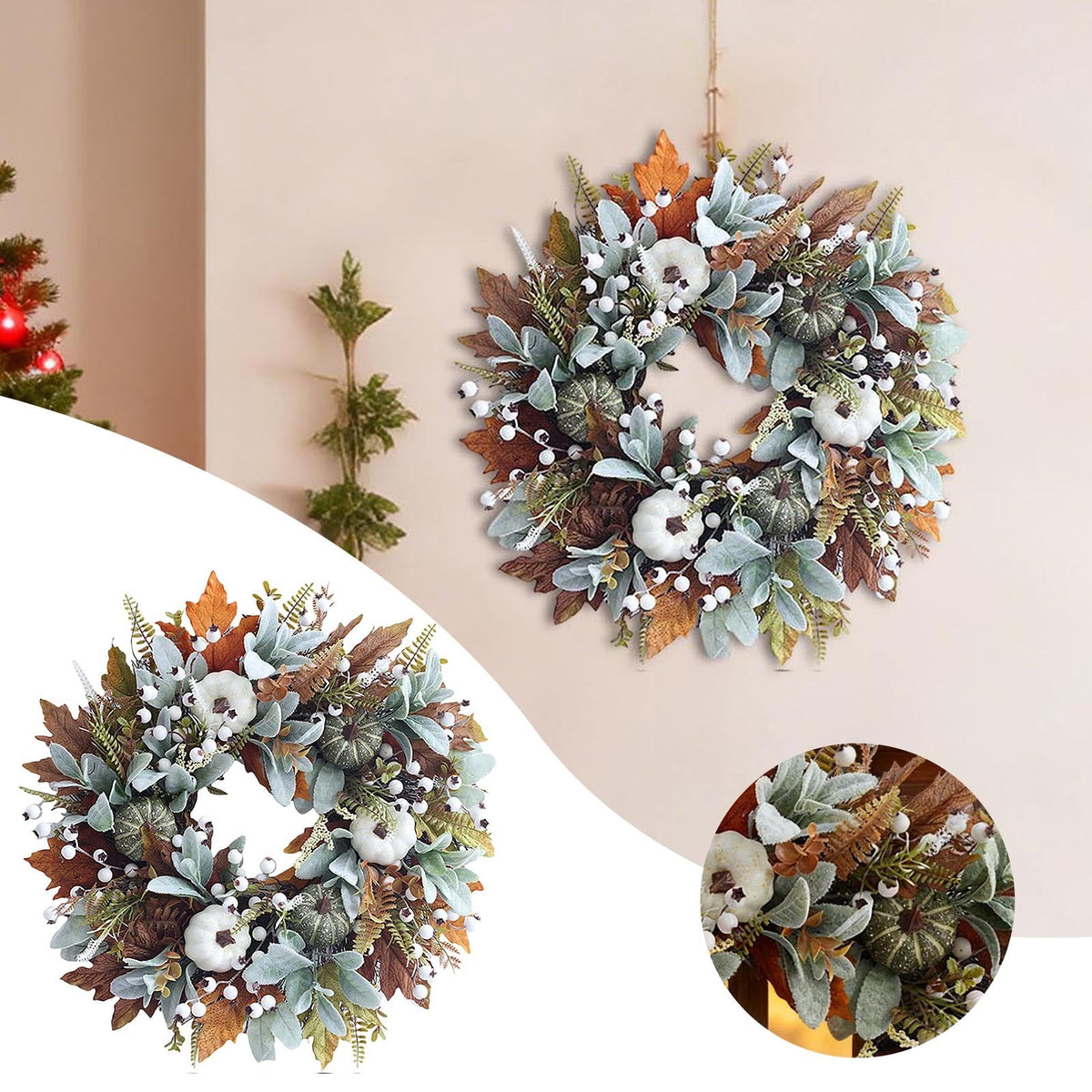 20 Inch Fall Wreath for Front Door with Pumpkin Maple Leaves and Berries Farmhouse Autumn Wreath for Outdoor Indoor Harvest Thanksgiving Halloween Home Decor
