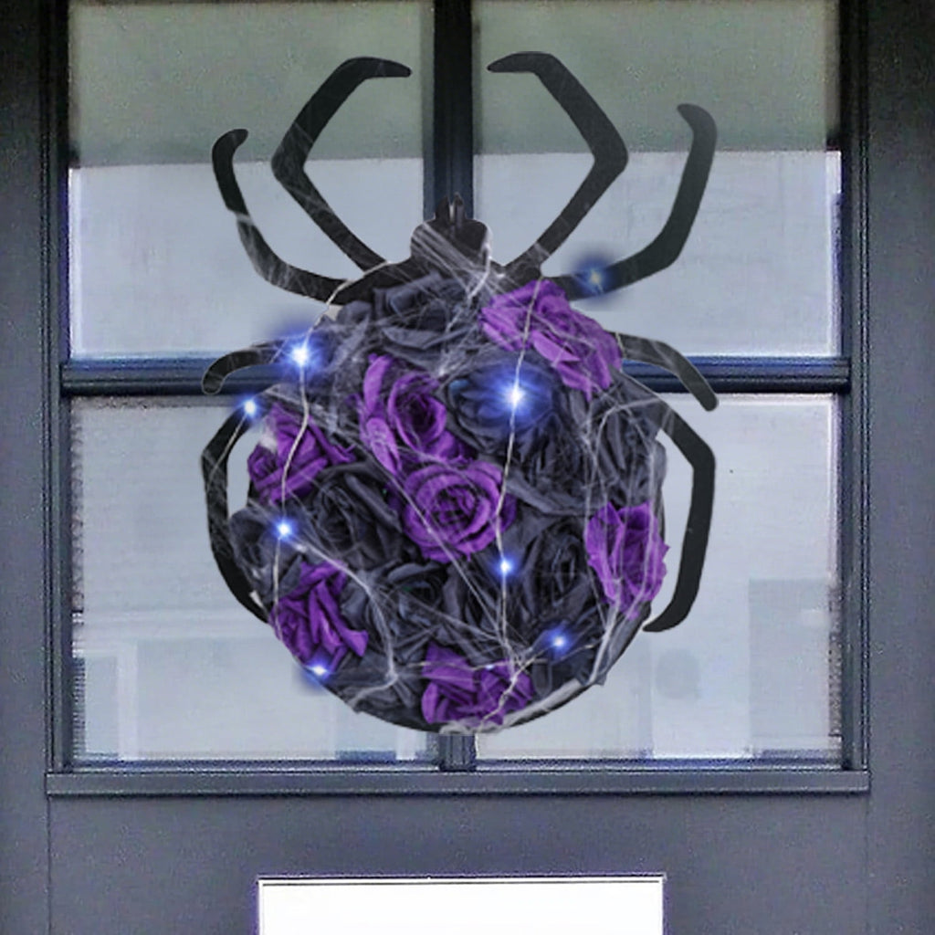 XEAZON Halloween Spider Decorations with Cobweb,Artificial Purple Rose Flower Spider Wreath for Front Door Hanging Decor,Halloween Party Indoor Outdoor Decor Hanger,Halloween Accessories with Lights
