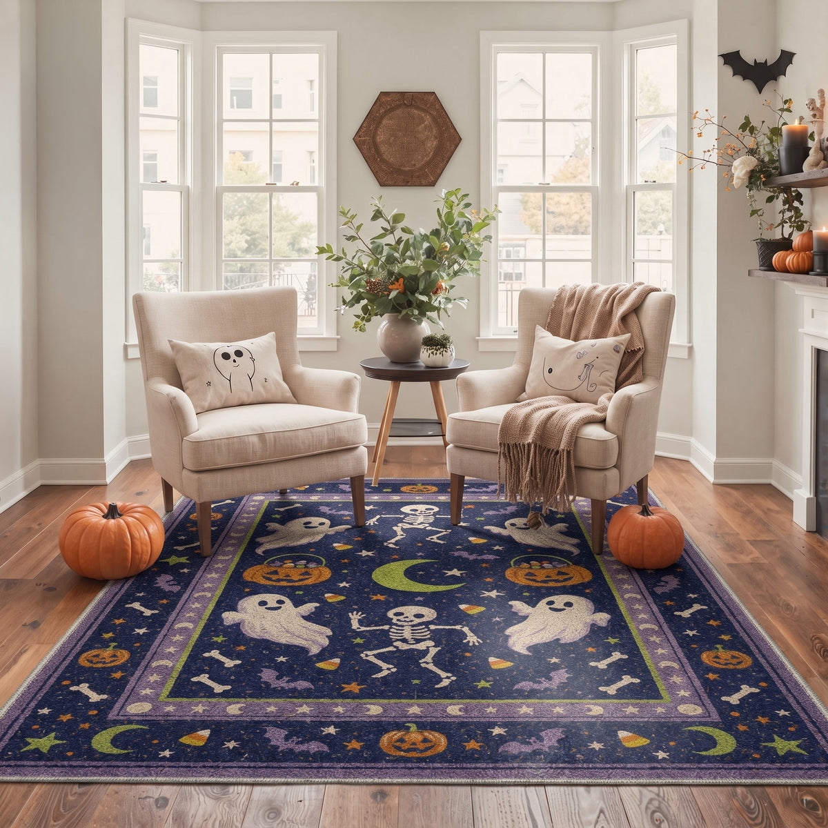 KUETH 3'x5' Halloween Machine Washable Area Rug, Non-Slip Rugs for Living Room, Bedroom and Dining Room, Orange