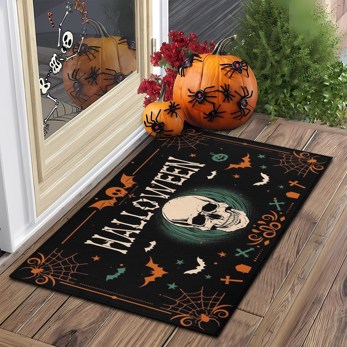 Halloween Kitchen Rugs and Mats Ghost Pumpkin Non Slip Washable Kitchen Mats for Floor Vintage Skull Home Door Mat Sets of 2 Decorations 17"x30"+17"x47"