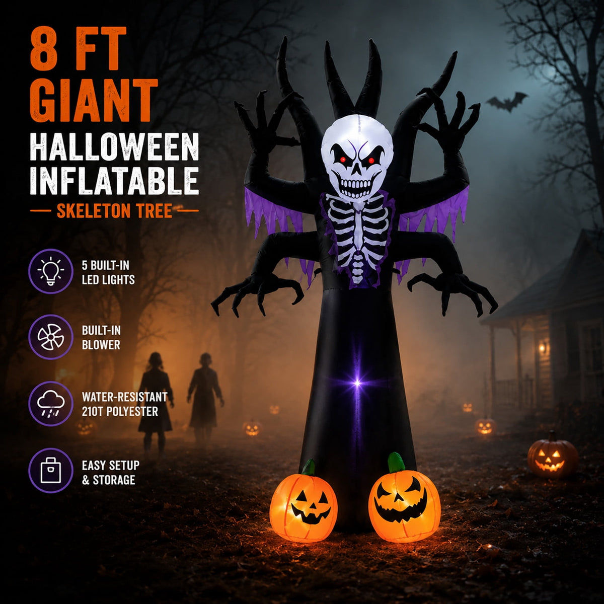 Toiyjofe 8ft Halloween Inflatable Skeleton Tree with LED Lights, Spooky Lighted Outdoor Yard Decoration with Grim Reaper & Pumpkins