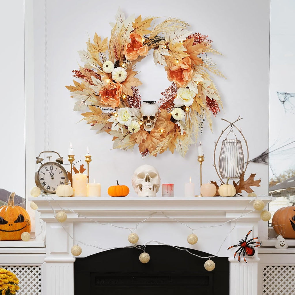 HELLONE 22 Inch Halloween Wreath for Front Door, Halloween Skull Wreath with Lights White Pumpkins Roses, Halloween Decorations Fall Maple Leaves Wreath for Porch Window Indoor Outdoor Decor