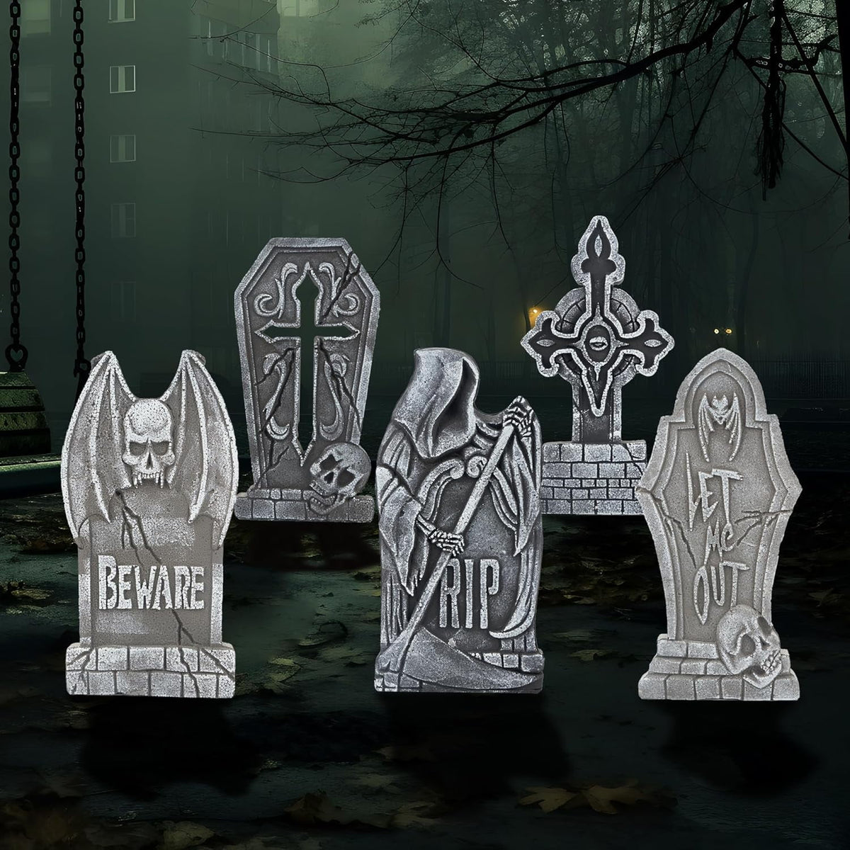 Joyfy 5 Pack Halloween Tombstone Outdoor Decorations,17 Inch Foam RIP Cemetery Headstone Decoration and 12 Halloween Yard Lawn Decoration Metal Stakes