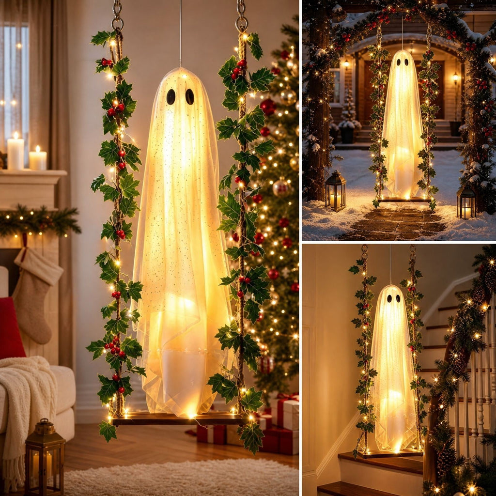 Clearance! Lighted Swing Ghost with Wooden Board, 45" Halloween Decorations Outdoor, Spooky Cute Ghosts Decorations for Front Porch Yard Tree