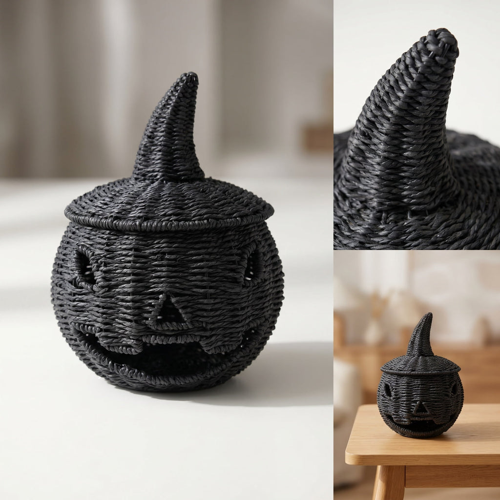 THOPBPRK 2026 Black Halloween Woven Pumpkin Jack-O'-Lantern, Halloween Decorations Pumpkin, USE LED Candle, Rattan Fall Halloween Decor for Home, 1Pack 11.8 Inch A