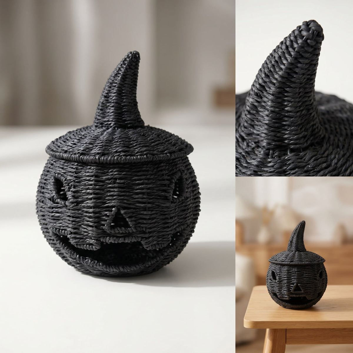 THOPBPRK 2026 Black Halloween Woven Pumpkin Jack-O'-Lantern, Halloween Decorations Pumpkin, USE LED Candle, Rattan Fall Halloween Decor for Home, 1Pack 11.8 Inch A