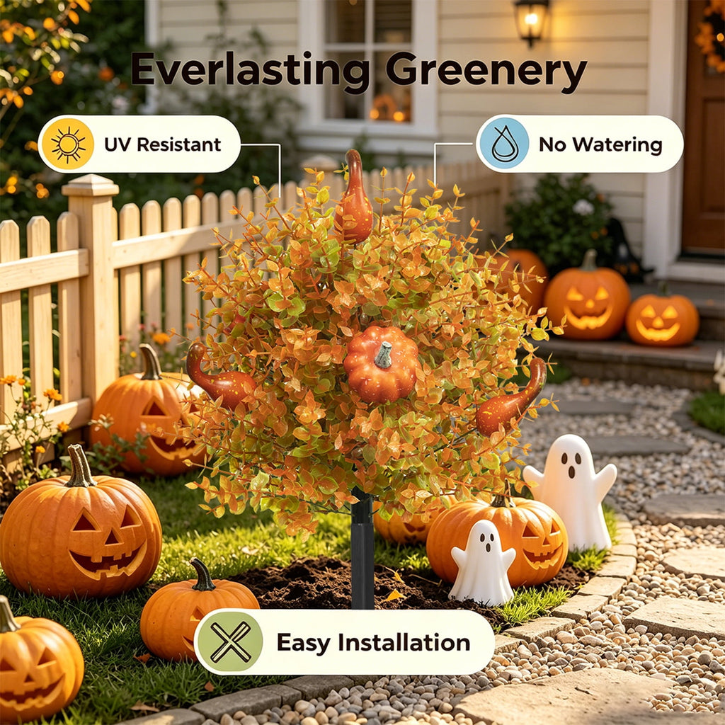 Fall Harvest Pumpkin Eucalyptus Stake, 22 Inch Artificial Halloween Outdoor Decoration, Plastic Floral Arrangement for Garden Pathway Yard