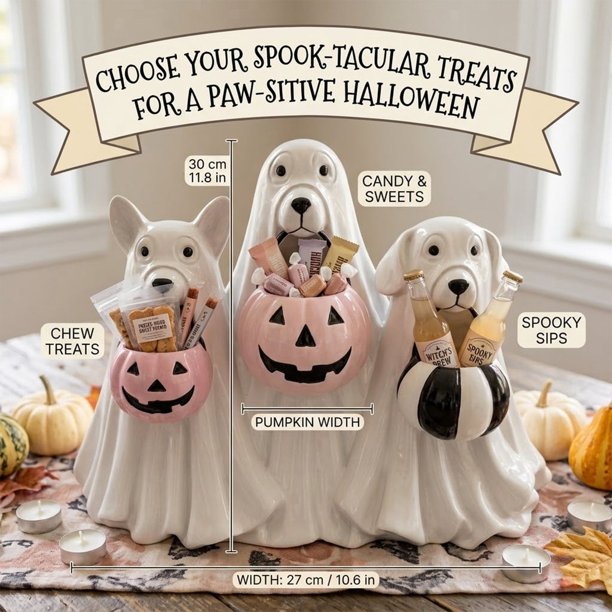 Lighted Halloween Ghost Candy Bowl, Cute LED Ghost Holding Pumpkin Candy Bucket for Trick or Treat, Outdoor Halloween Decorations for Front Porch, Indoor Yard Patio Halloween Decor