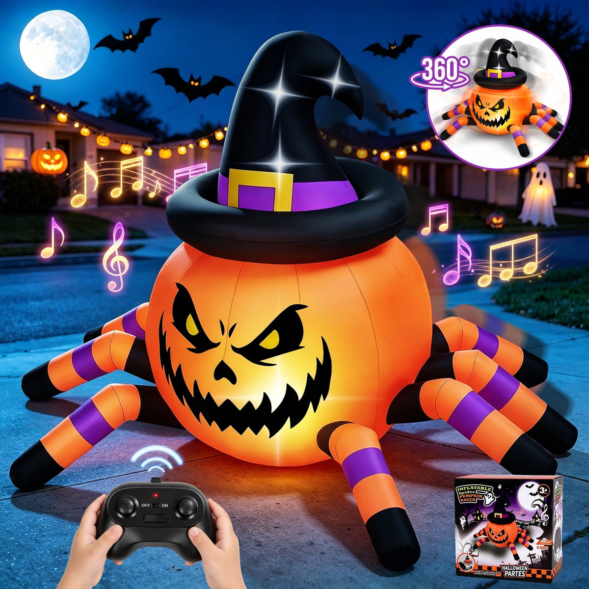 Firstness 2.4GHz Remote Control Halloween Inflatable Car Blow ups Pumpkin Ghost Rc Car,3 Music and LED Lights,360° Rotation,Aged 3+