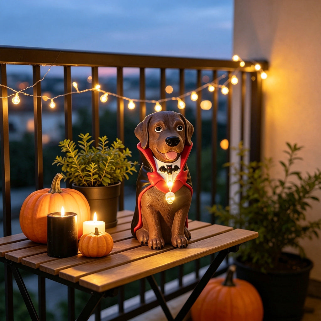 Clearance! Halloween Light‑Up Dog Figurine, 7.9in Scarecrow Dog Statue with Glowing Pumpkin, Waterproof Resin Table Yard Decor