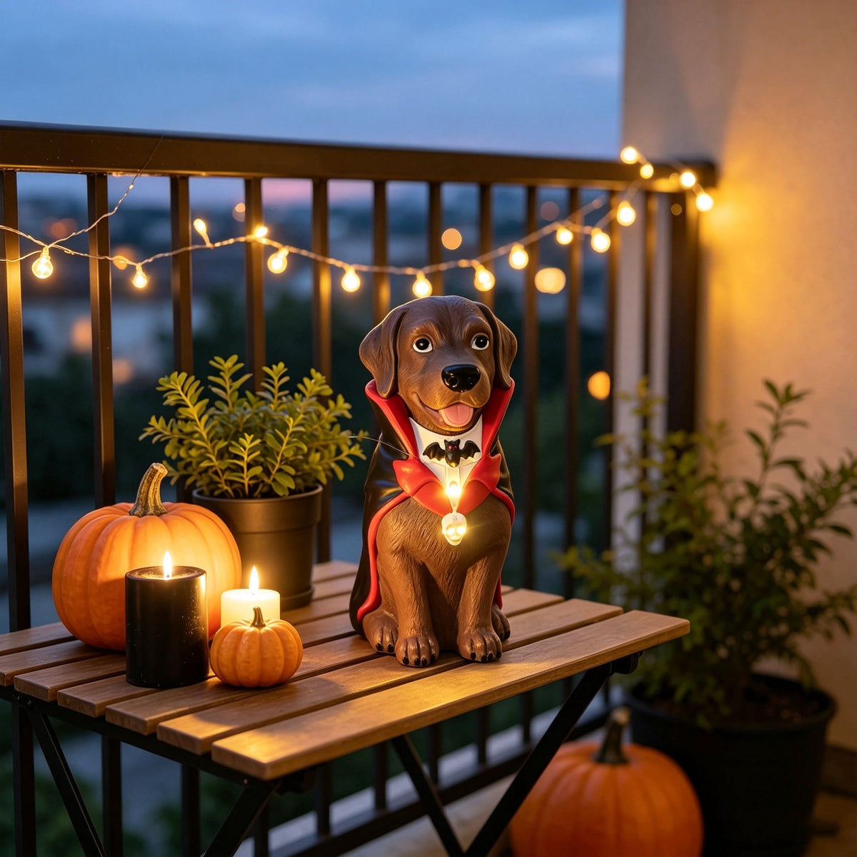 Clearance! Halloween Light‑Up Dog Figurine, 7.9in Scarecrow Dog Statue with Glowing Pumpkin, Waterproof Resin Table Yard Decor