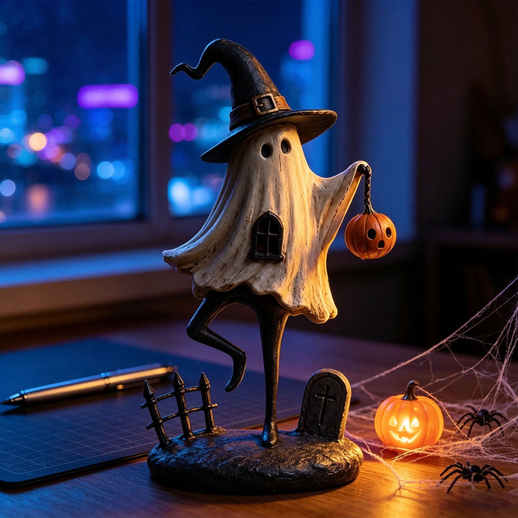 Halloween Ghost Figurine, Ghost Girl with Pink Bow & Hot Drink, Funny Ghost Statue Halloween Decor for Gift, Cute Spooky Tabletop Ornament for Home, Mantle, Desk & Party Decoration
