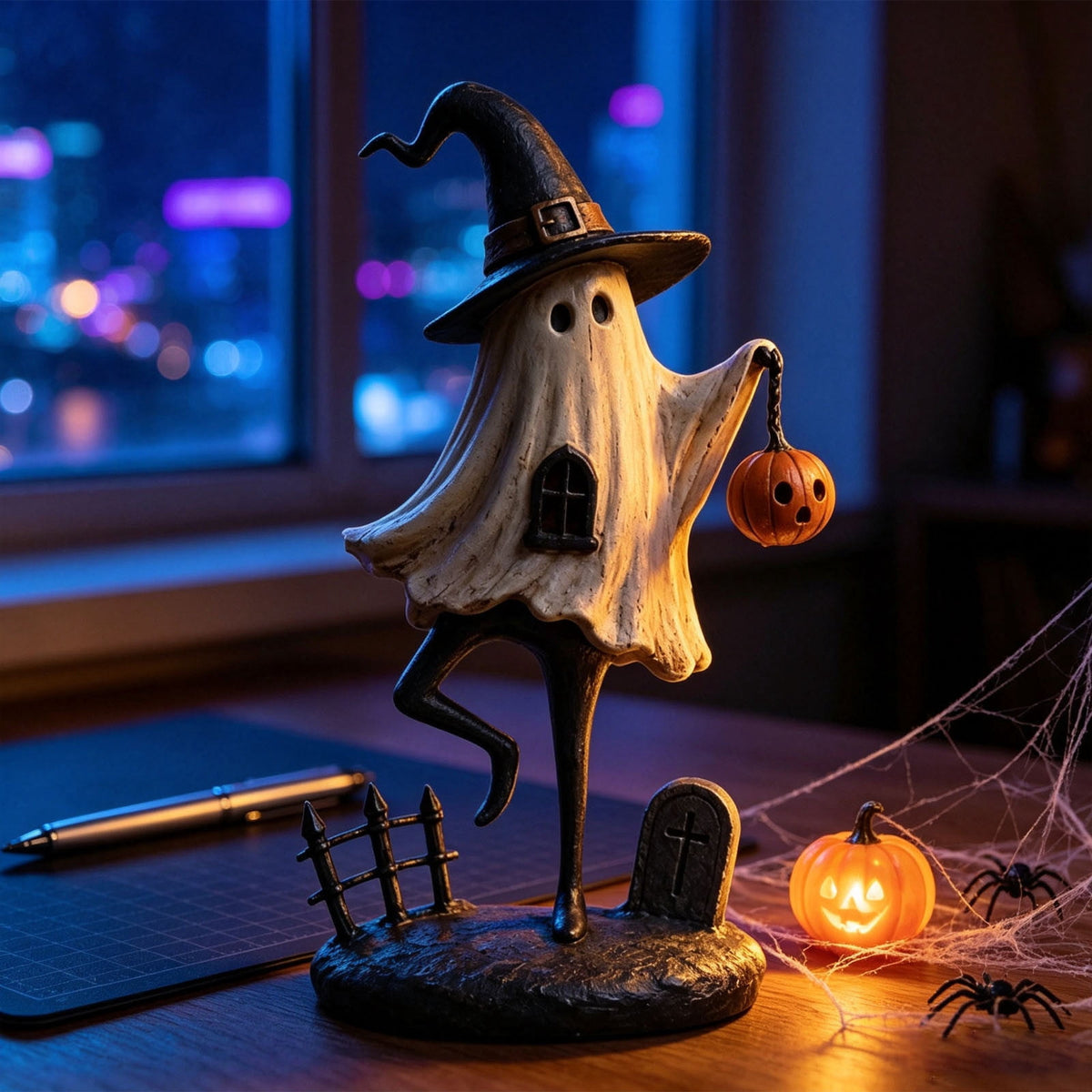 Halloween Ghost Figurine, Ghost Girl with Pink Bow & Hot Drink, Funny Ghost Statue Halloween Decor for Gift, Cute Spooky Tabletop Ornament for Home, Mantle, Desk & Party Decoration