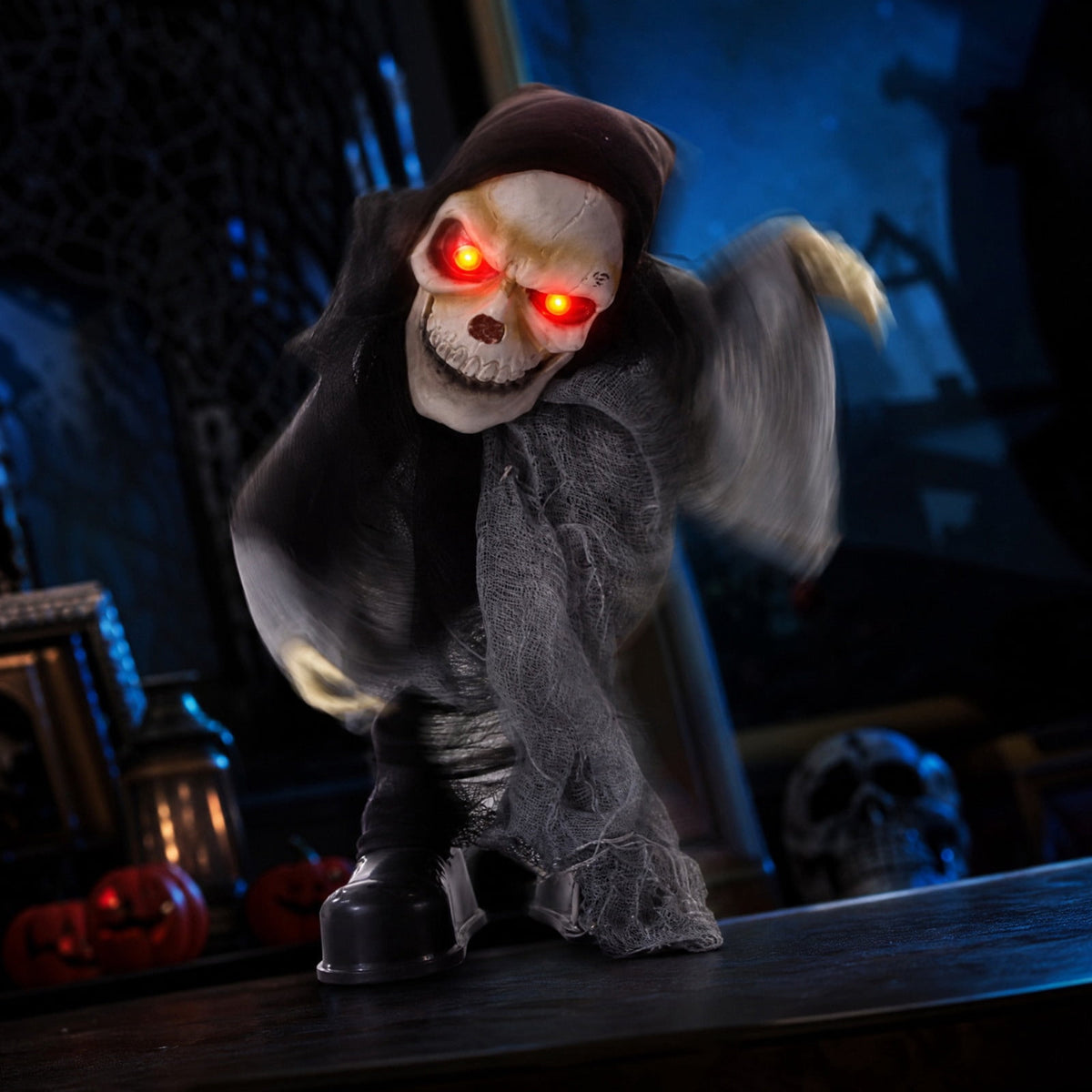 ShengapQ Halloween Animated Skeleton Ghost Decor, Scary Skull Prop, Glowing Red Eyes, Battery Operated Decoration for Party, Eerie Prank Decor for Indoor and Outdoor Events, Haunted House Ornament