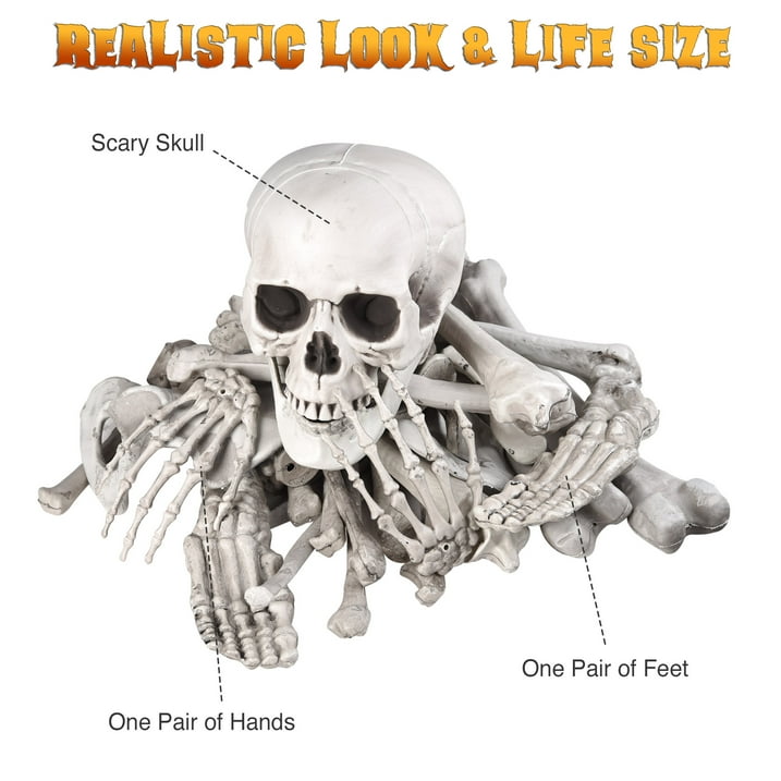 2025 Bag of Bones - 28 Pc Realistic Skeleton Bones & Skull Set for Halloween Decor (Lifesize Horror Props, DIY Party Scatter)