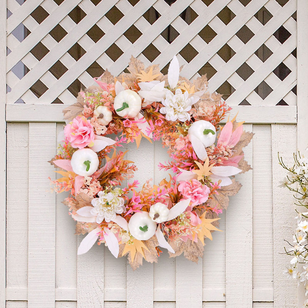 Zmeidao Fall Wreath for Front Door, Autumn Pumpkin Wreath for Thanksgiving Halloween Outdoor Indoor Farmhouse Party Holiday Porch Wall Window Home Decoration 15.75in