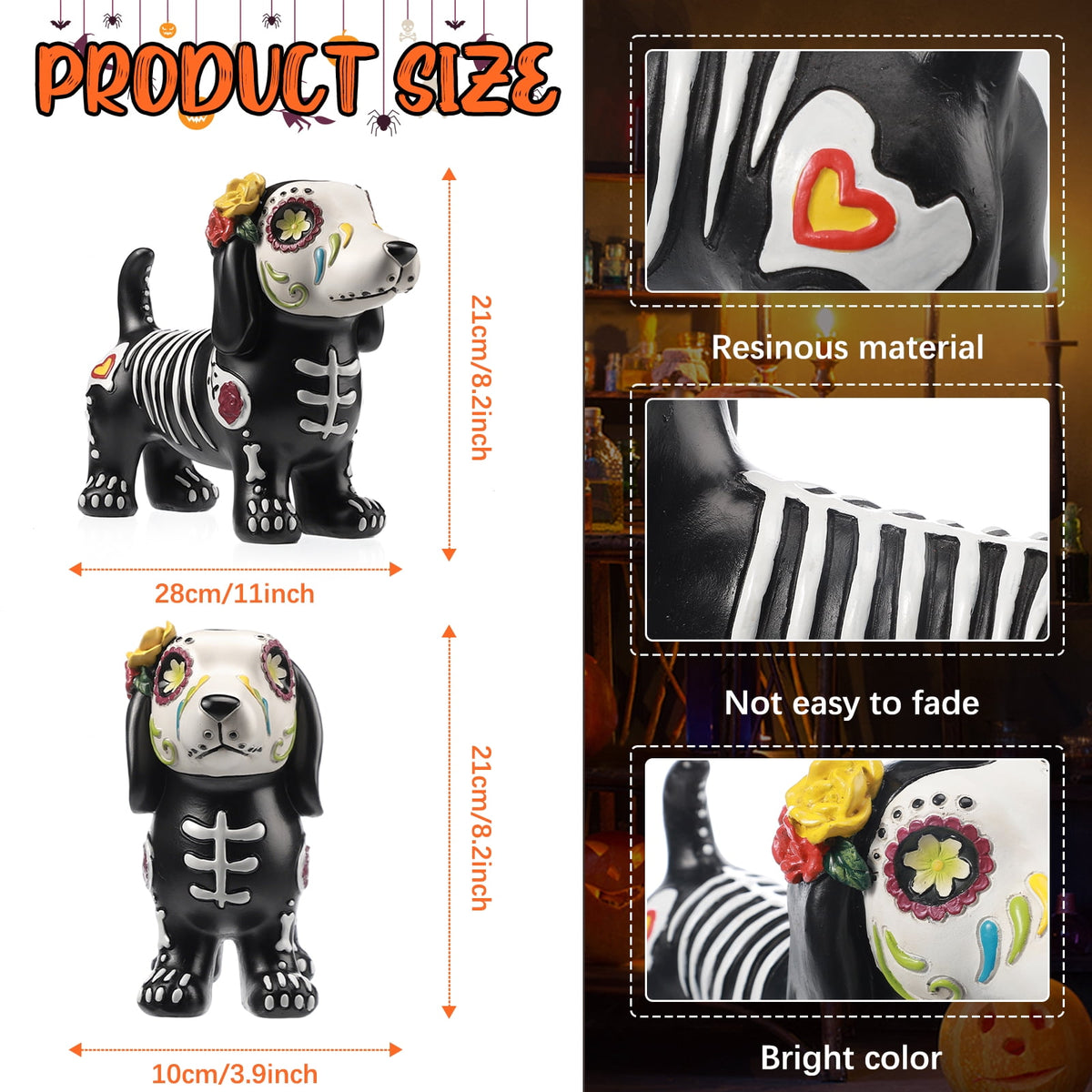 Ayieyill 2pcs Halloween Cat and Skeleton Figurines Vintage Halloween Black Cat Decor Halloween Table Decorations