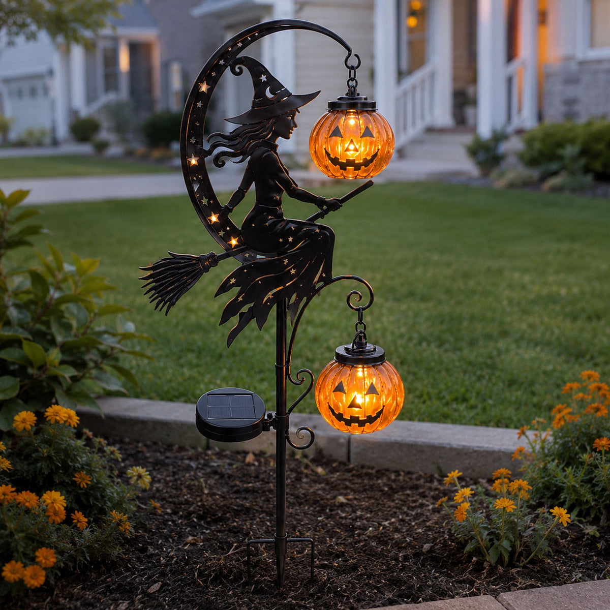 Halloween Solar Garden Stake Light,Metal Hanging Pumpkin Lantern Waterproof for Yard Lawn Proch