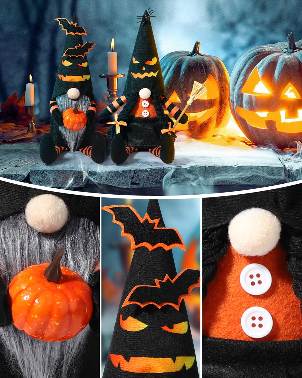 Ayieyill 2PCS Halloween Gnome Plush Decorations - Mr and Mrs Handmade Scandinavian Tomte for Halloween Table Ornament, Tiered Tray Decor, Halloween Trick or Treat Gift