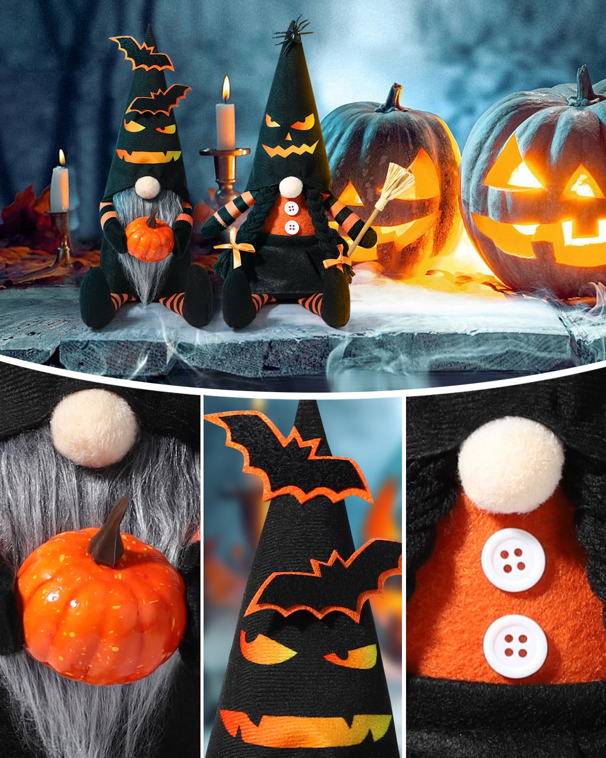 Ayieyill 2PCS Halloween Gnome Plush Decorations - Mr and Mrs Handmade Scandinavian Tomte for Halloween Table Ornament, Tiered Tray Decor, Halloween Trick or Treat Gift