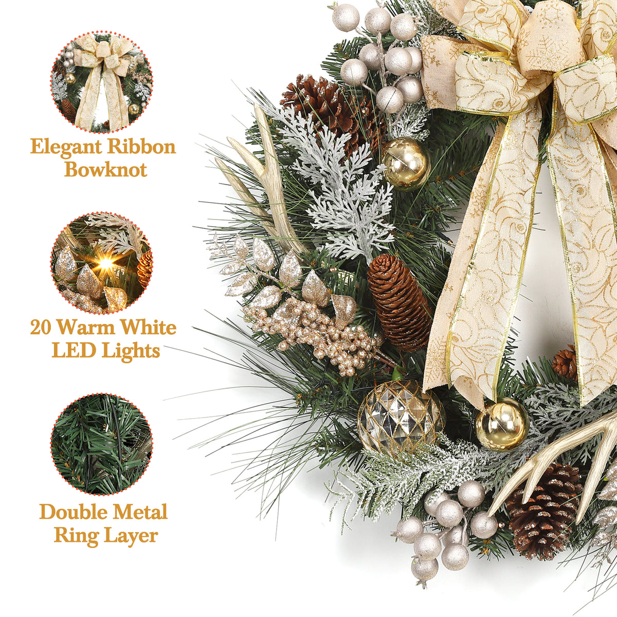 JoanKaren 24 inch Large Christmas Wreath Silver White with 20 LED Lights,Prelit Xmas Wreath w/ Ball Ornaments Pine Cone