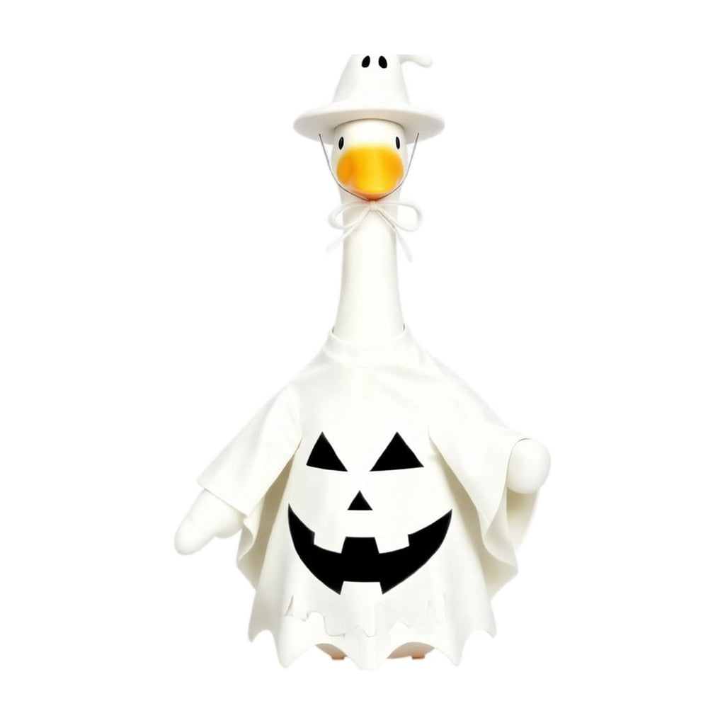 Halloween Ghost Porch Goose Outfit Fits 23 Inch Cement Lawn Goose Statue Pumpkin Face Ghost Costume with Matching Witch Hat for Fall Outdoor Garden Yard Patio Holiday Decor