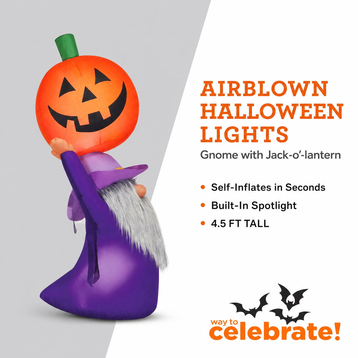 Gnome with Jack-o'-Lantern Airblown Yard Inflatable, Multicolor, 4.5', Halloween by Way To Celebrate