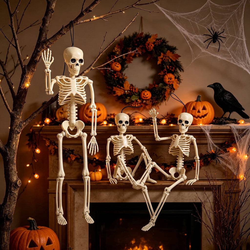 Fdyrgv 4 Pack 16" Posable Full Body Skeleton, Halloween Skeleton Decor with Movable Joints & Adjustable Jaw, Built-in Hanging String, Water Resistant Graveyard Haunted House Yard Décor