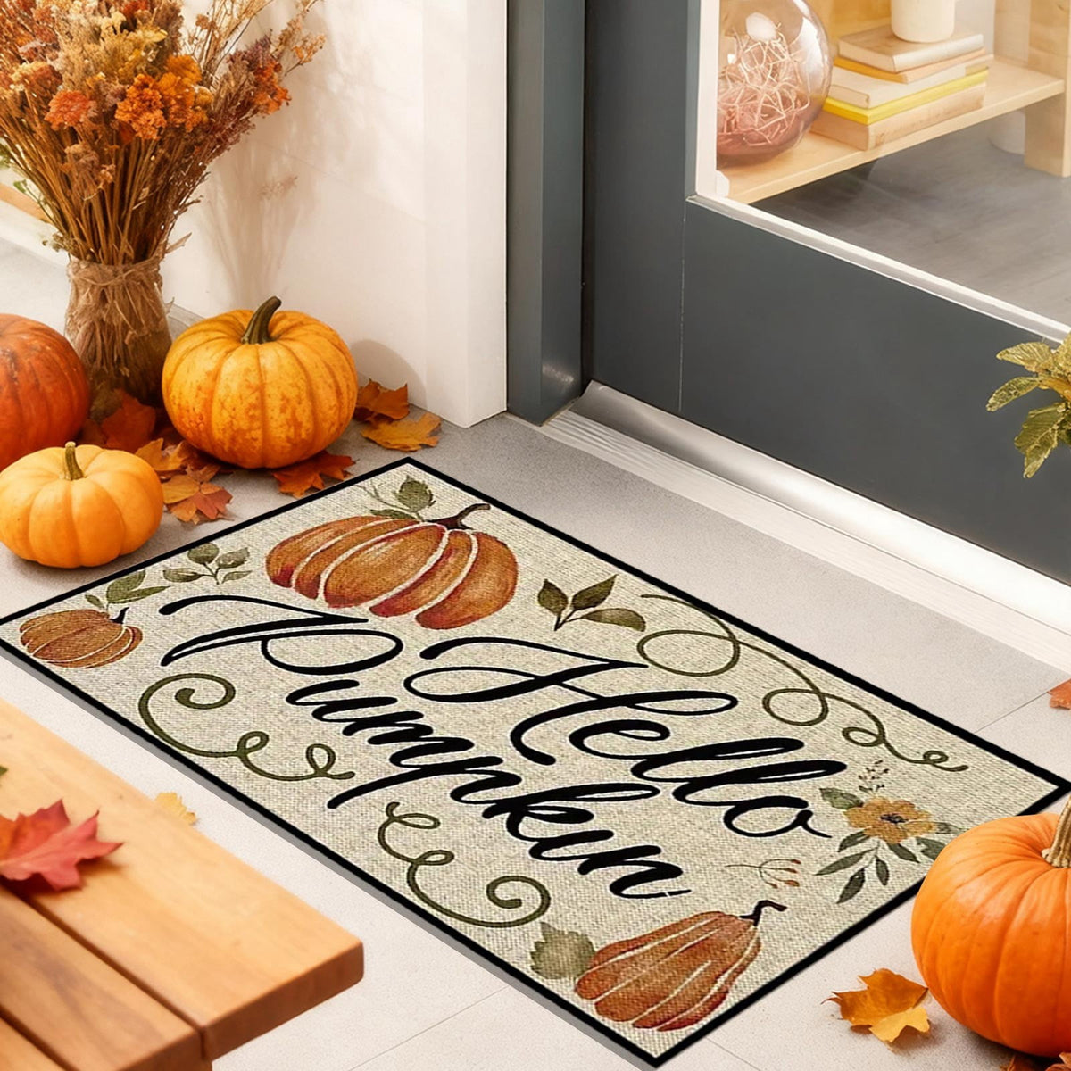 JoyMoreHome Fall Welcome Doormat, Fall Leaves Front Door Mat, Indoor Outdoor Entrance Floor Mats, Non-Slip Washable Thanksgiving Halloween Home Decor Mat