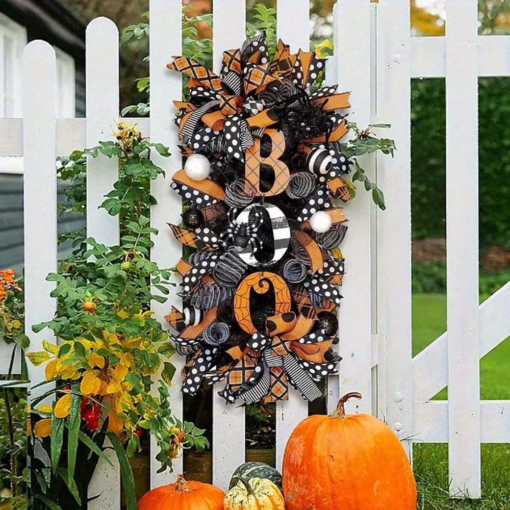 Ribbon BOO Halloween Swag Wreath for Front Door Wall Decor