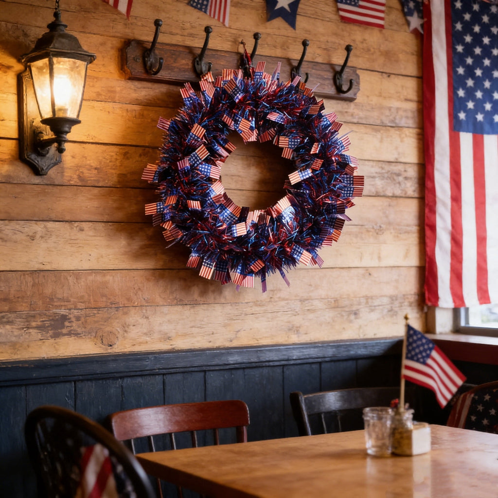 AZXY 20 Inch 4th of July Patriotic Wreath, Red White Blue Mesh Wreath with American Flag Star & Stripe Ribbons, Patriotic Americana Decor for Independence Day Memorial Day Front Door Indoor Outdoor