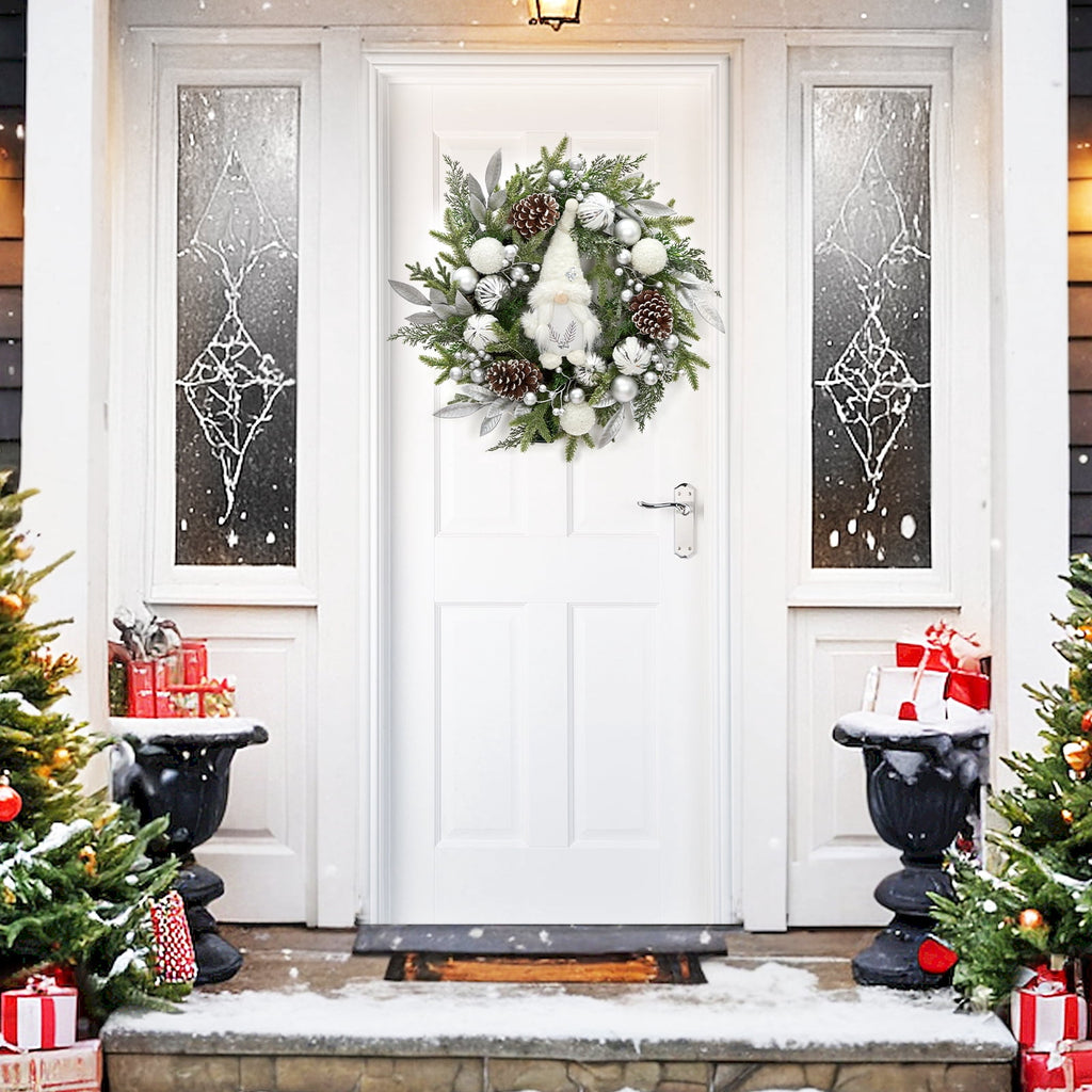 JoanKaren 24 inch Large Christmas Wreath Silver White with 20 LED Lights,Prelit Xmas Wreath w/ Ball Ornaments Pine Cone