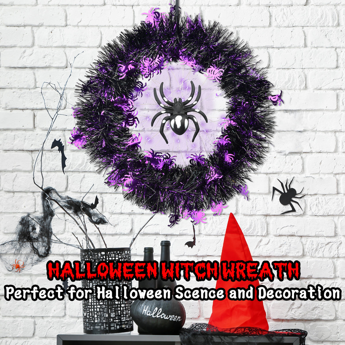 Halloween Spider Garland Front Door Wall Hangings Halloween Horror Party Atmosphere Decoration LED Luminous Wreath