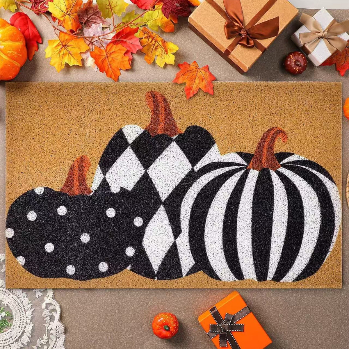 Fllostpr Halloween Pumpkin & Crow Welcome Doormat for Front Door, Non-Slip Vintage Brown Coir Floor Mat for Outdoor Porch Entryway Decor,16x24 Inch