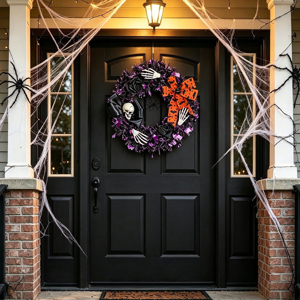 Hotyverty Halloween Wreath for Front Door, 13.77 Inch, Skull With Black Bow Wreath Halloween Decorations For Covered Outdoor Door & Farmhouse Gothic Home Ornament