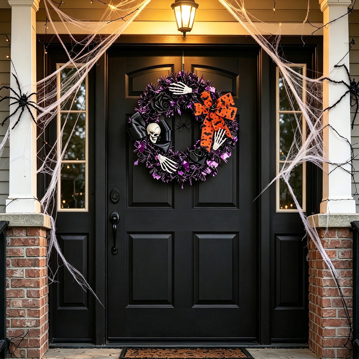 Hotyverty Halloween Wreath for Front Door, 13.77 Inch, Skull With Black Bow Wreath Halloween Decorations For Covered Outdoor Door & Farmhouse Gothic Home Ornament