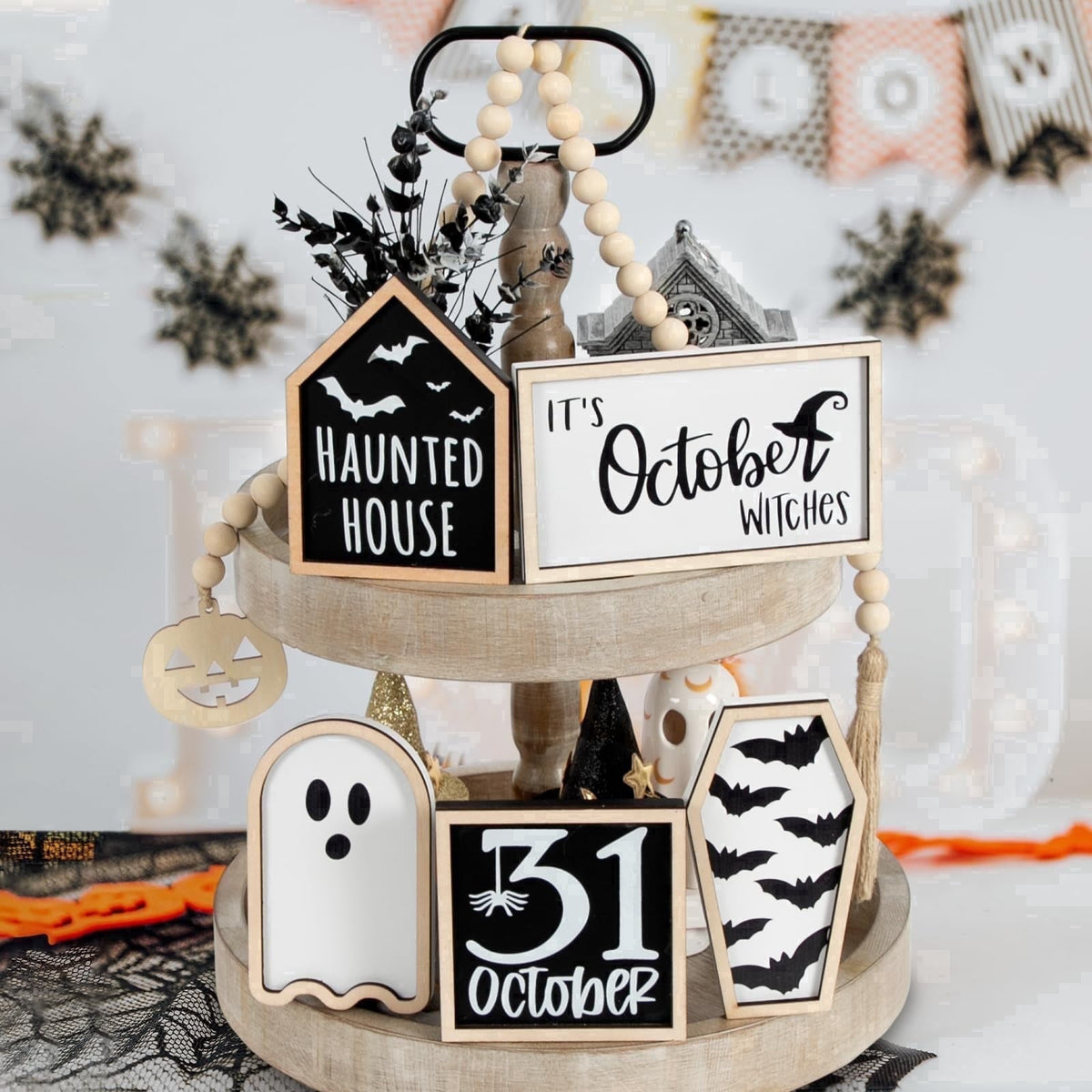 6-Piece Halloween Decor, Cute Wooden Halloween Decoration Indoor Tabletop Signs Farmhouse Rustic Tiered Tray Decor Halloween Party Decorations