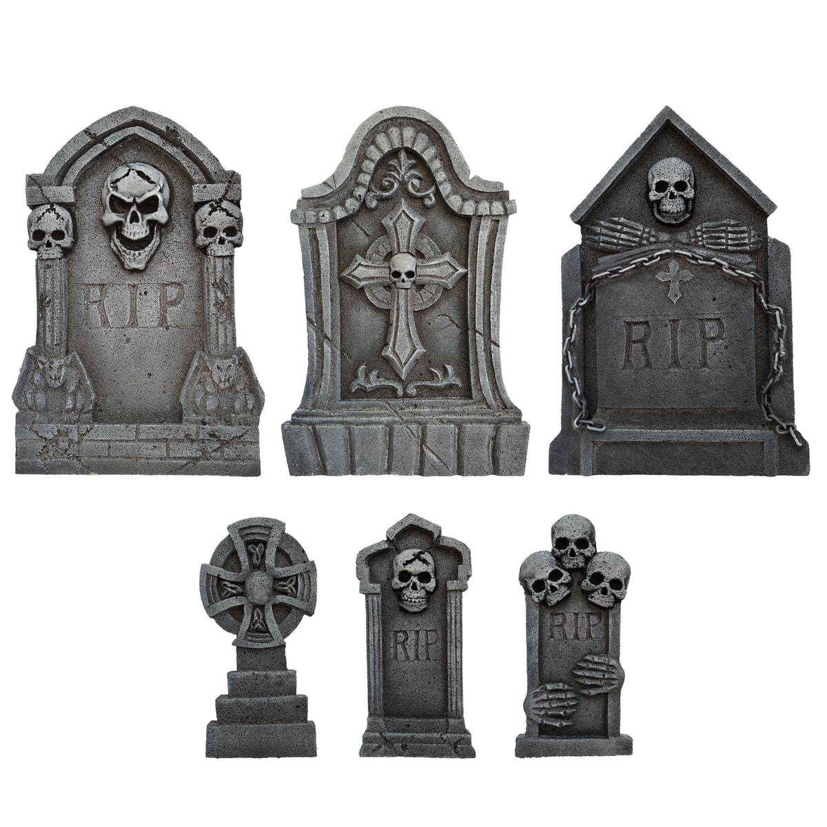 Tombstones Skulls Decoration Set, Gray, 6 Pieces, Halloween by Way To Celebrate