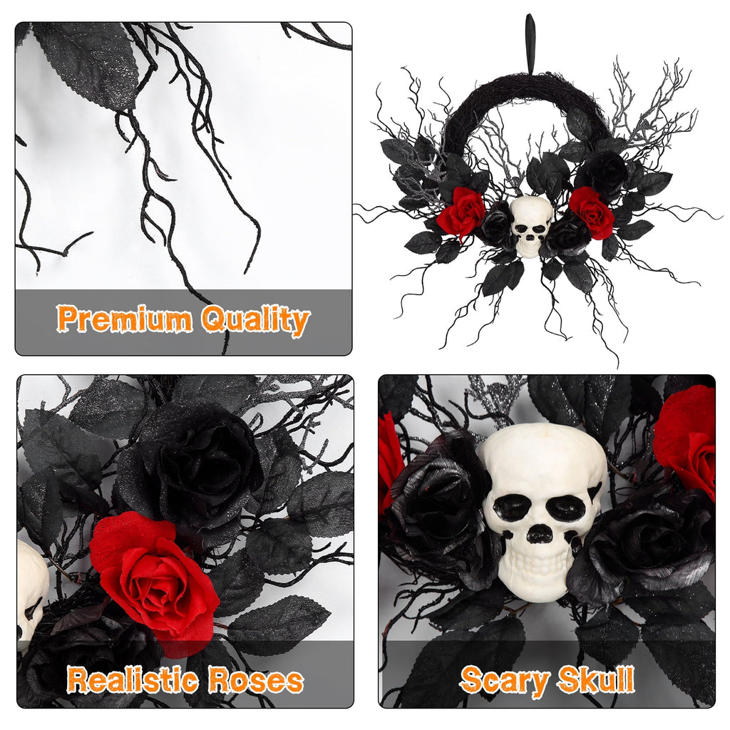 Adeeing Halloween Wreath 20 Inch Artificial Halloween Skull Wreath Decoration with Roses, Branches for Front Door Home Door Wall