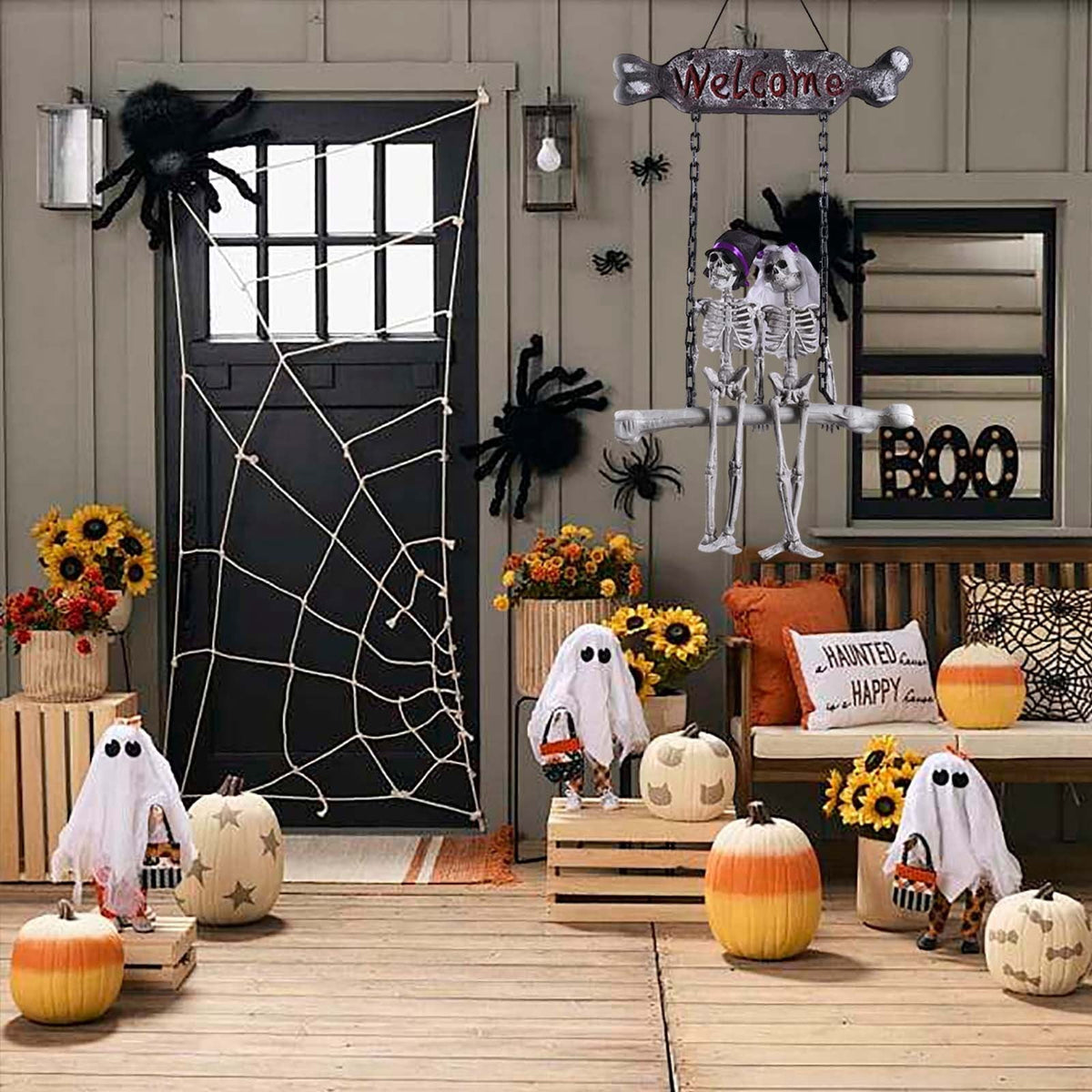 Life Size Halloween Skeleton Decor - Hanging Skeleton Couple Figurine with Realistic Bone Details Spooky Wedding Theme Decorations for Front Door, Porch, Living Room, Bedroom Halloween Party