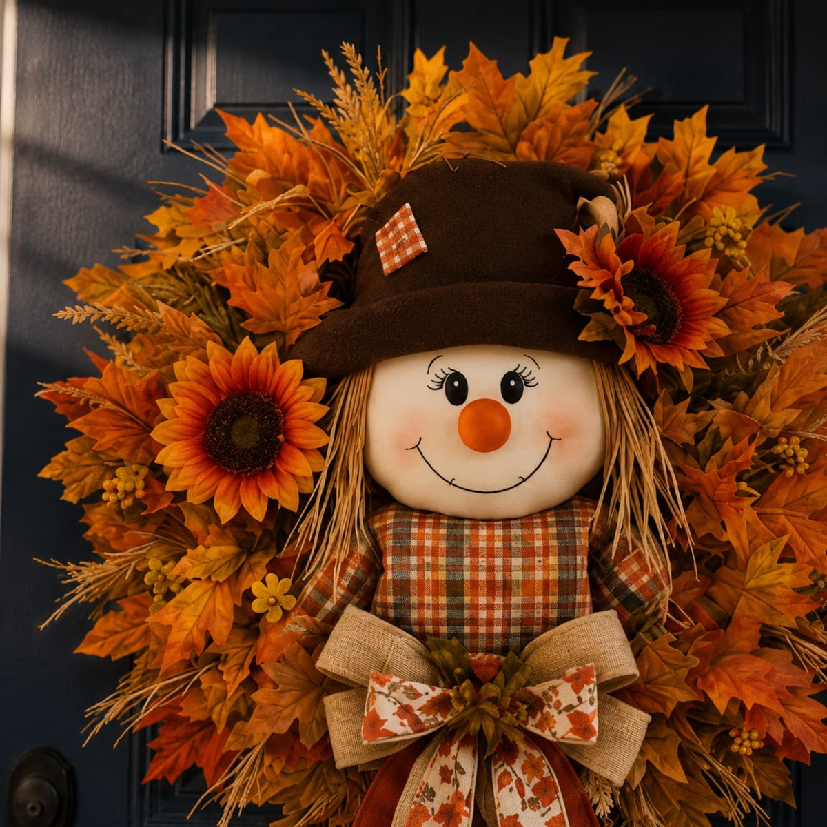 ICQOVD Halloween Pumpkin Maple Leaf Wreath with Skeleton Ornament Orange Black Bow Front Door Hanging Fall Home Decoration 15.75*15.75*3.15IN